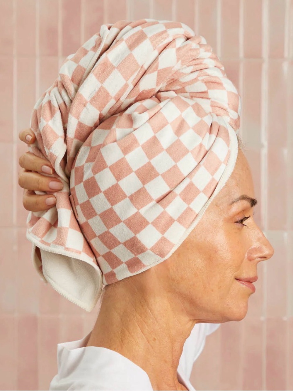 Kitsch Checkerboard XL microfiber Hair Wrap towel in Blush and White
